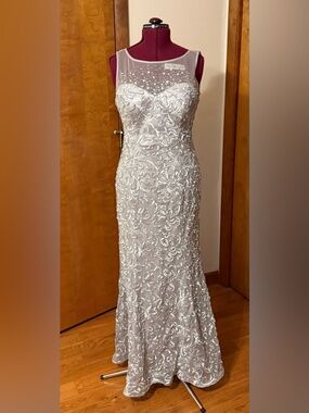 Strapless Silver Sequin Floral Evening Dress